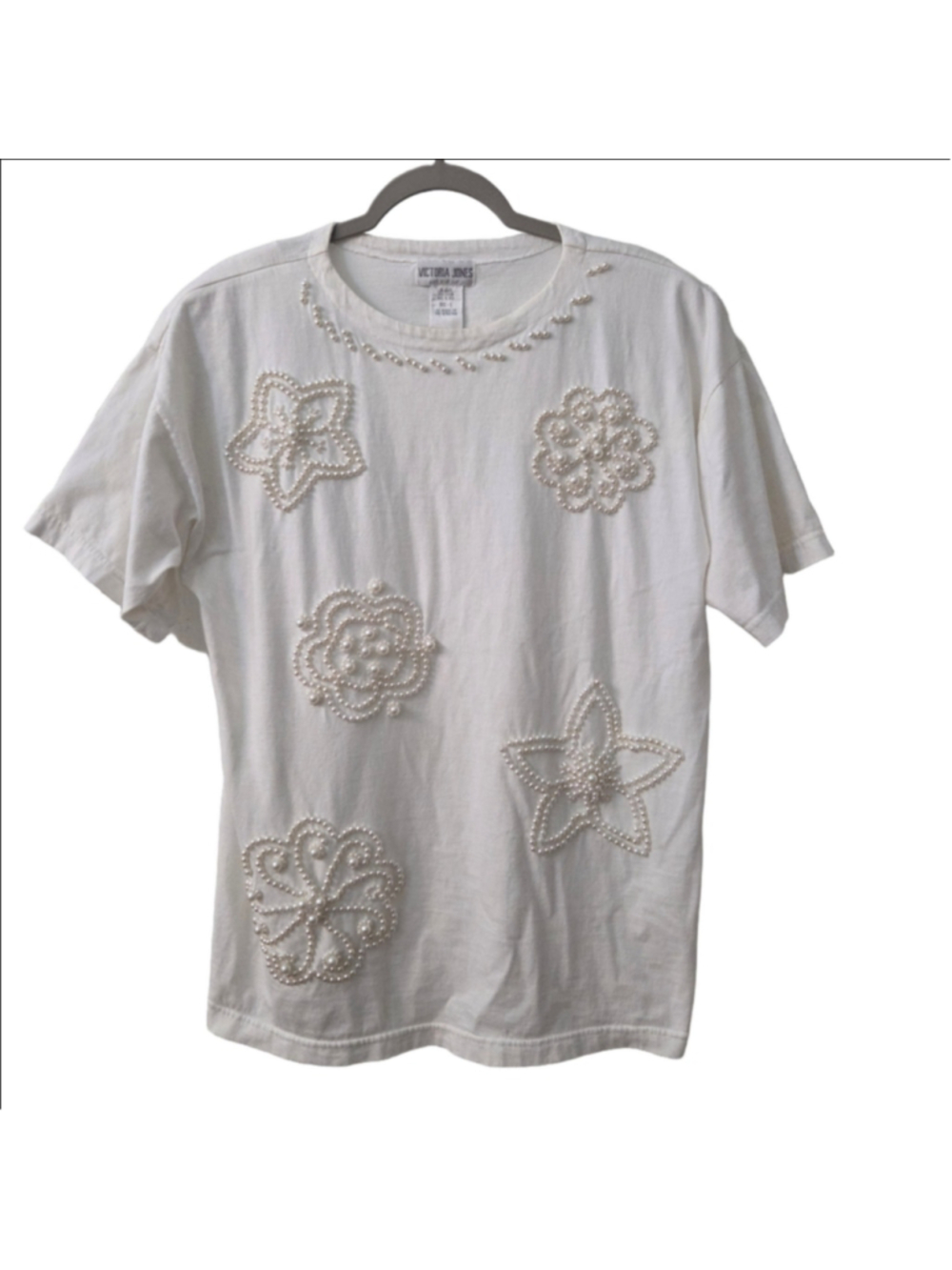 Victoria Jones Vintage 80s 90s Pearl Embellished White T-Shirt Size L